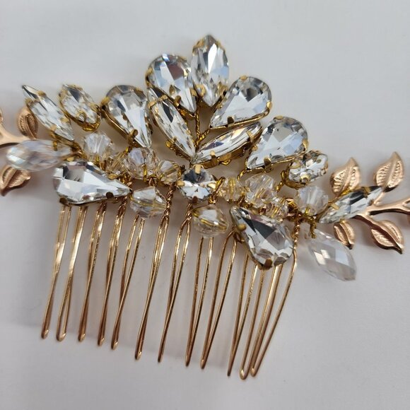 Bridal Wedding Prom Gold Rhinestone Floral Leaf Pattern Hair Comb NWT - Picture 4 of 5